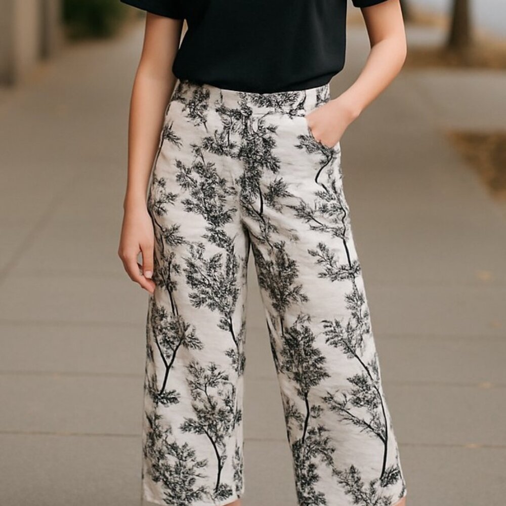 NWOT JOIE 100% LINEN  Black and White Tree Print Pants Pockets Belt Loop